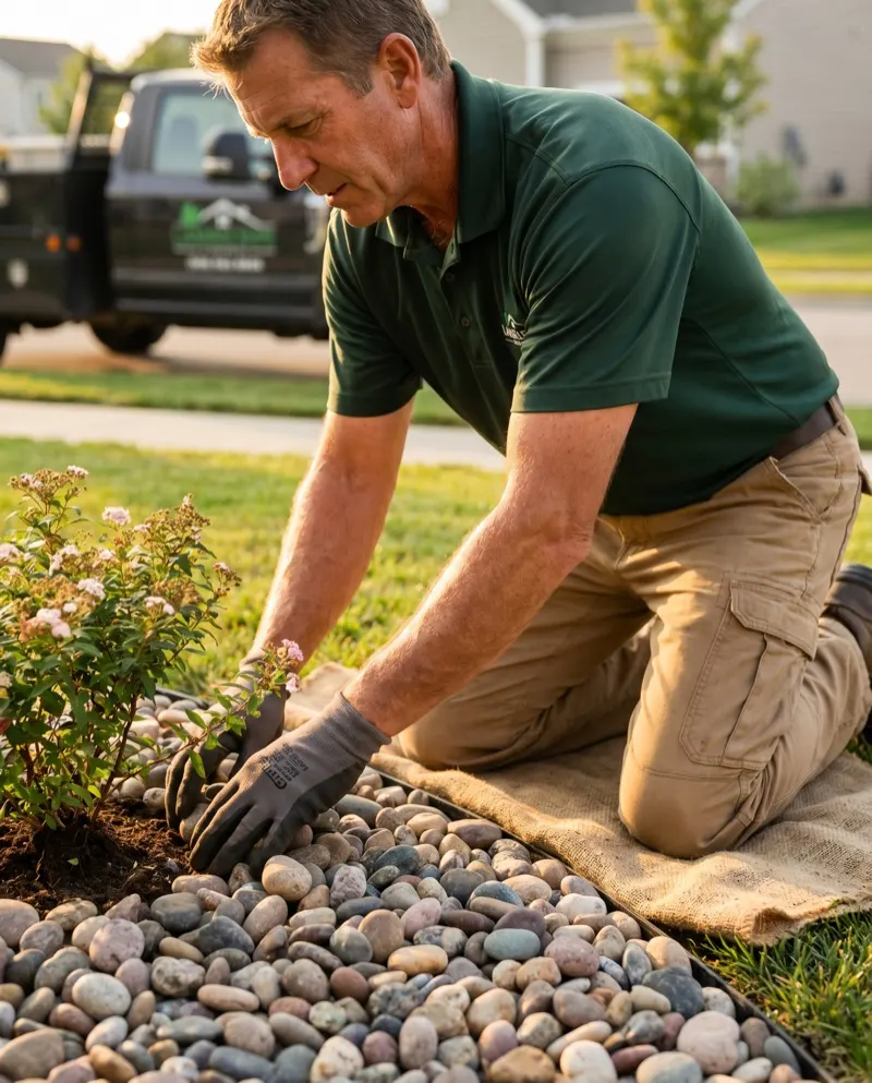 Landscape professional working on a front yard